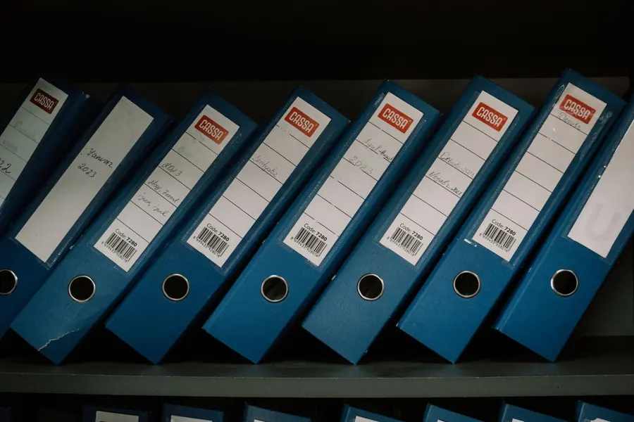 A row of blue lever arch files with handwritten spines on a shelf